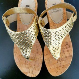 Golden strappy thong sandals, wedge cork heels size 6.5 m